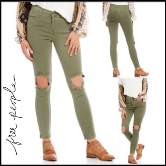 FREE PEOPLE HIGH-WAISTED OLIVE GREEN DISTRESSED SKINNY JEANS - Picture 11 of 12